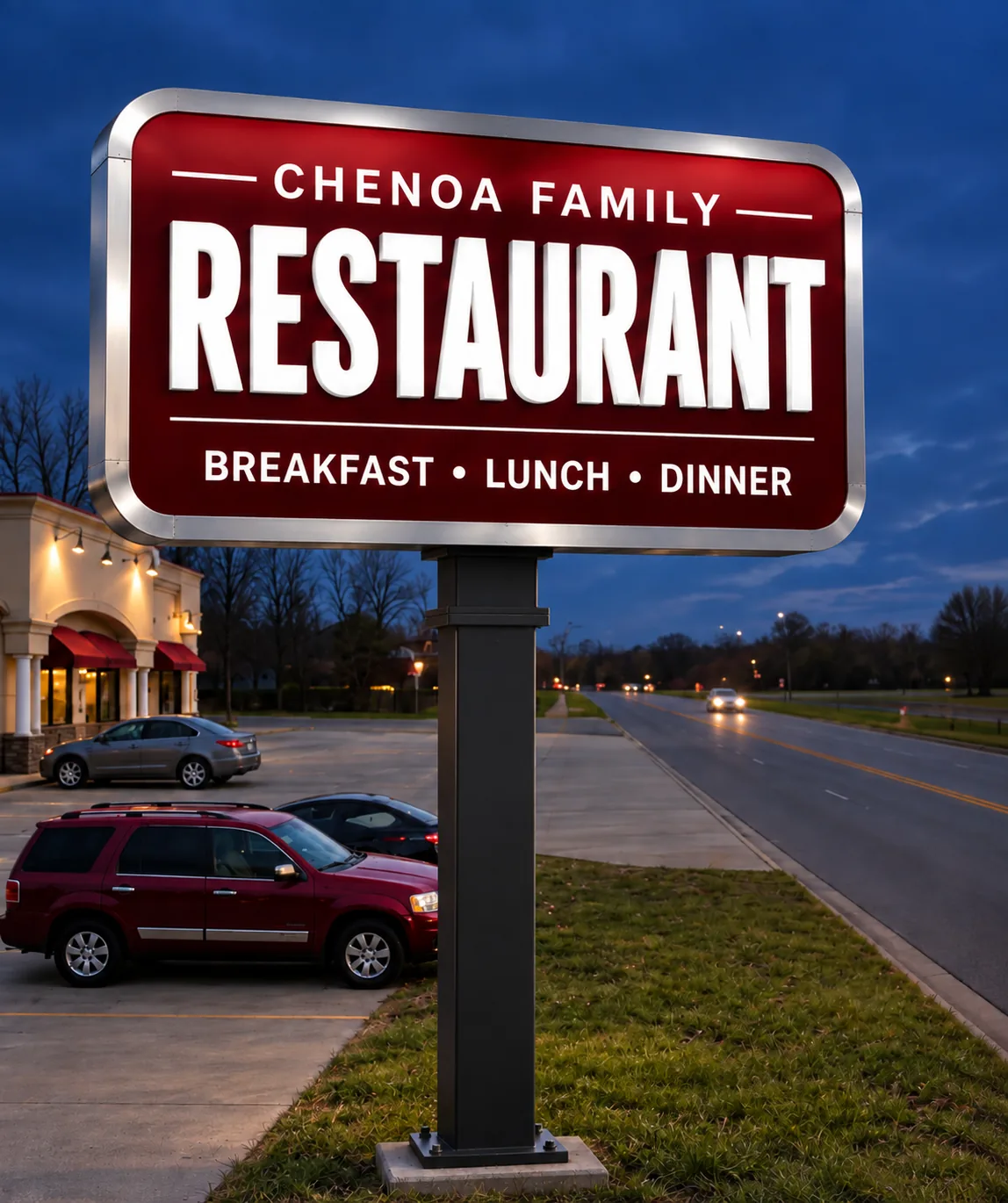 The lit Chenoa Family Restaurant sign at dusk, offering breakfast, lunch and dinner